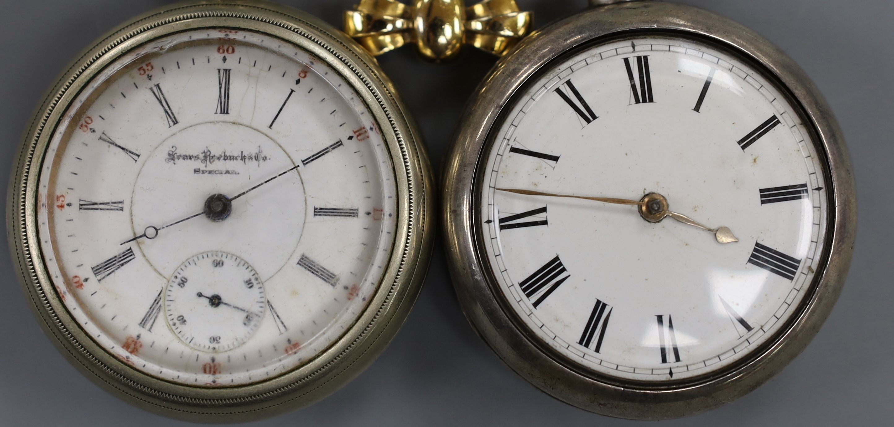 A 19th century silver pair cased keywind pocket watch by Gardner, Dunbar, one other pocket watch and a Bucherer lapel watch.